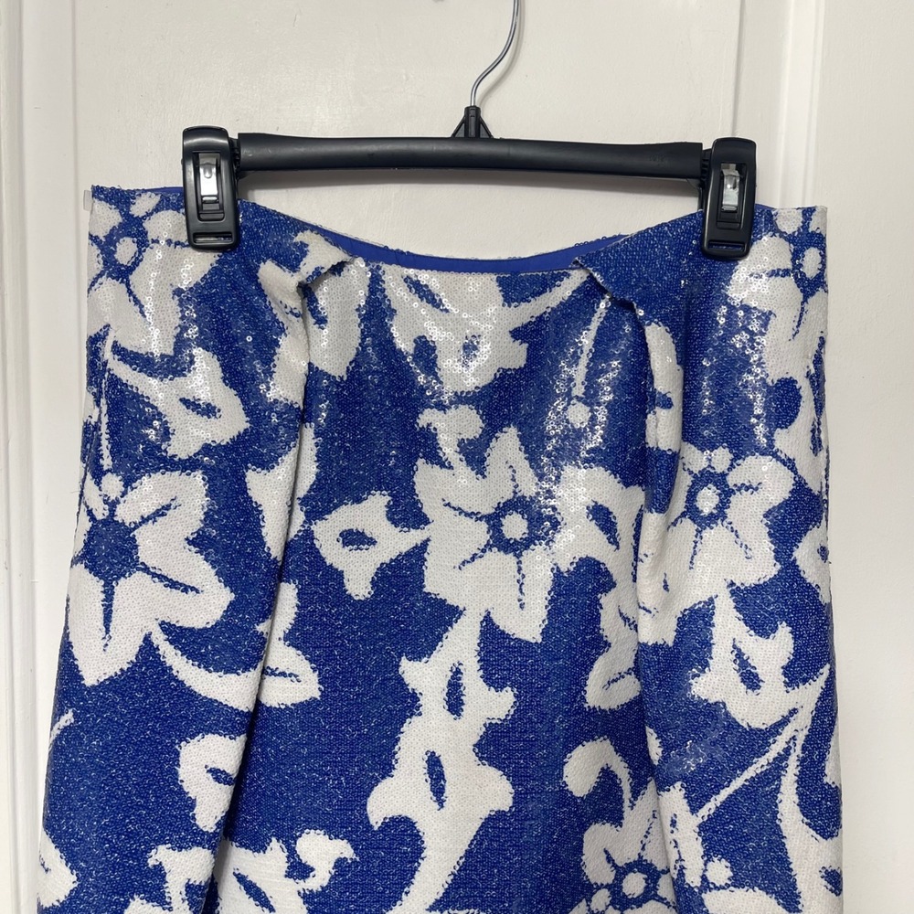 Diane Von Furstenberg Floral Sequin Drape Skirt In White & Blue Size 10 - Picture 6 of 14